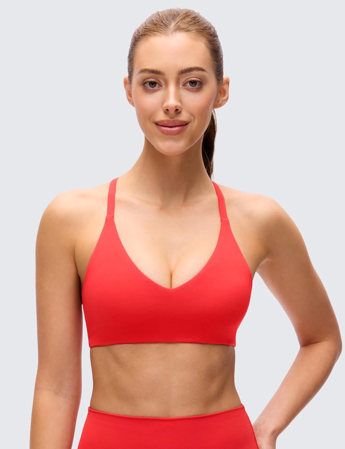 image:imageCRZ YOGA Butterluxe Low Coverage V Neck Sports Bras for Women Spaghetti Straps Racerback Padded Yoga TopDeep Red