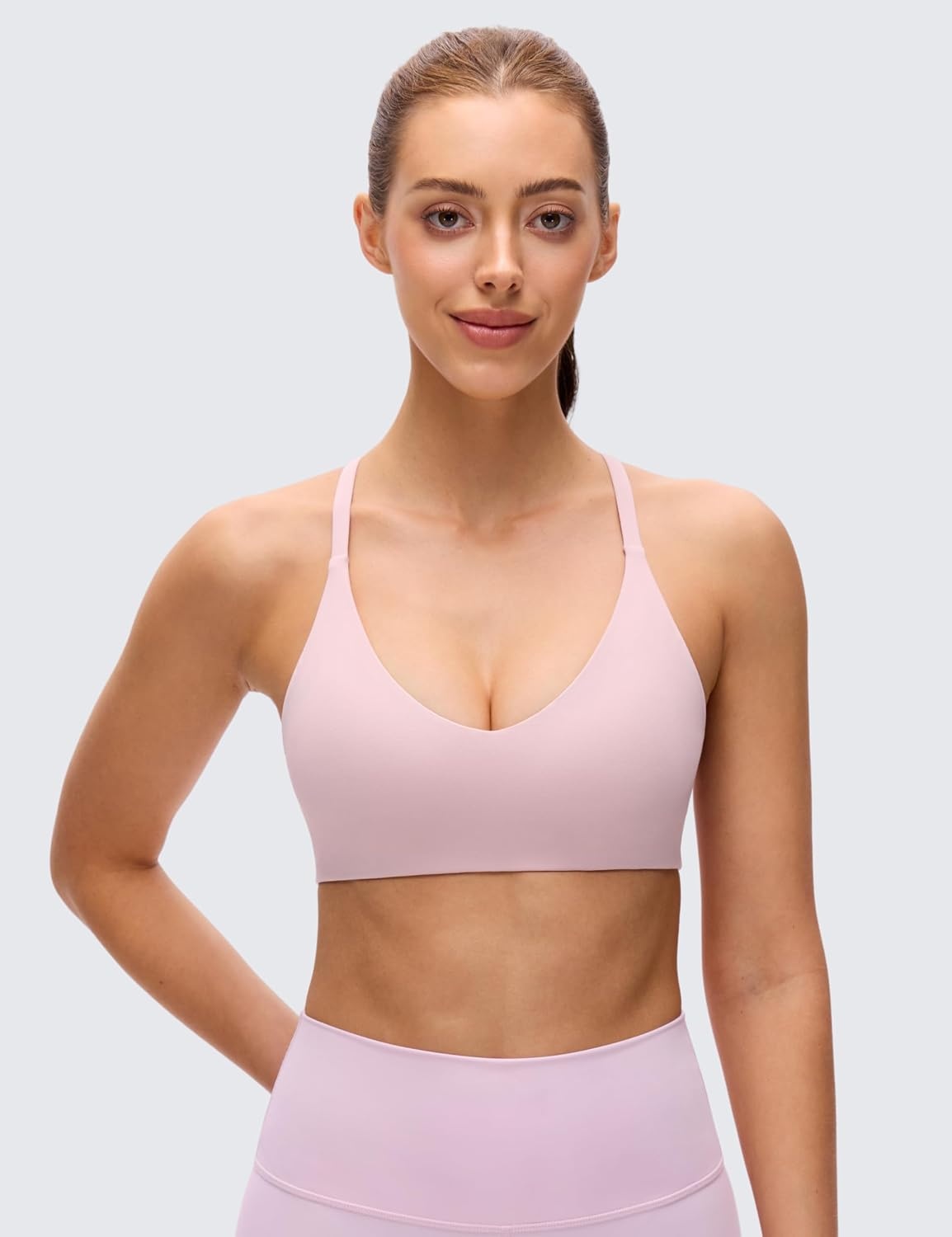 image:imageCRZ YOGA Butterluxe Low Coverage V Neck Sports Bras for Women Spaghetti Straps Racerback Padded Yoga TopPink Haze