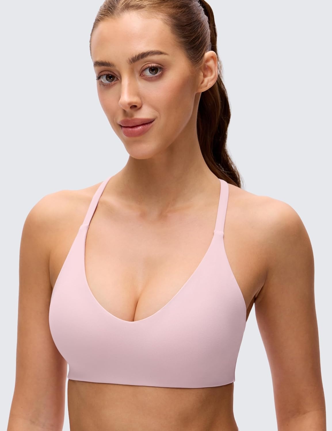 image:imageCRZ YOGA Butterluxe Low Coverage V Neck Sports Bras for Women Spaghetti Straps Racerback Padded Yoga TopPink Haze