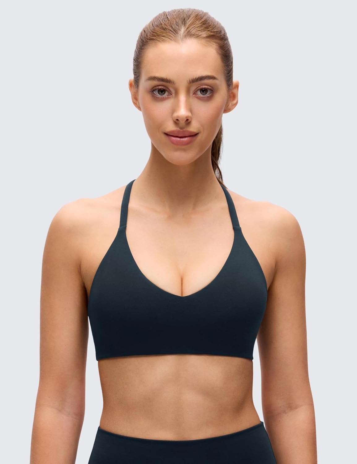 image:imageCRZ YOGA Butterluxe Low Coverage V Neck Sports Bras for Women Spaghetti Straps Racerback Padded Yoga TopTrue Navy