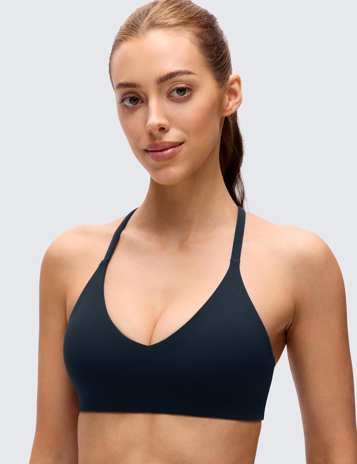 image:imageCRZ YOGA Butterluxe Low Coverage V Neck Sports Bras for Women Spaghetti Straps Racerback Padded Yoga TopTrue Navy