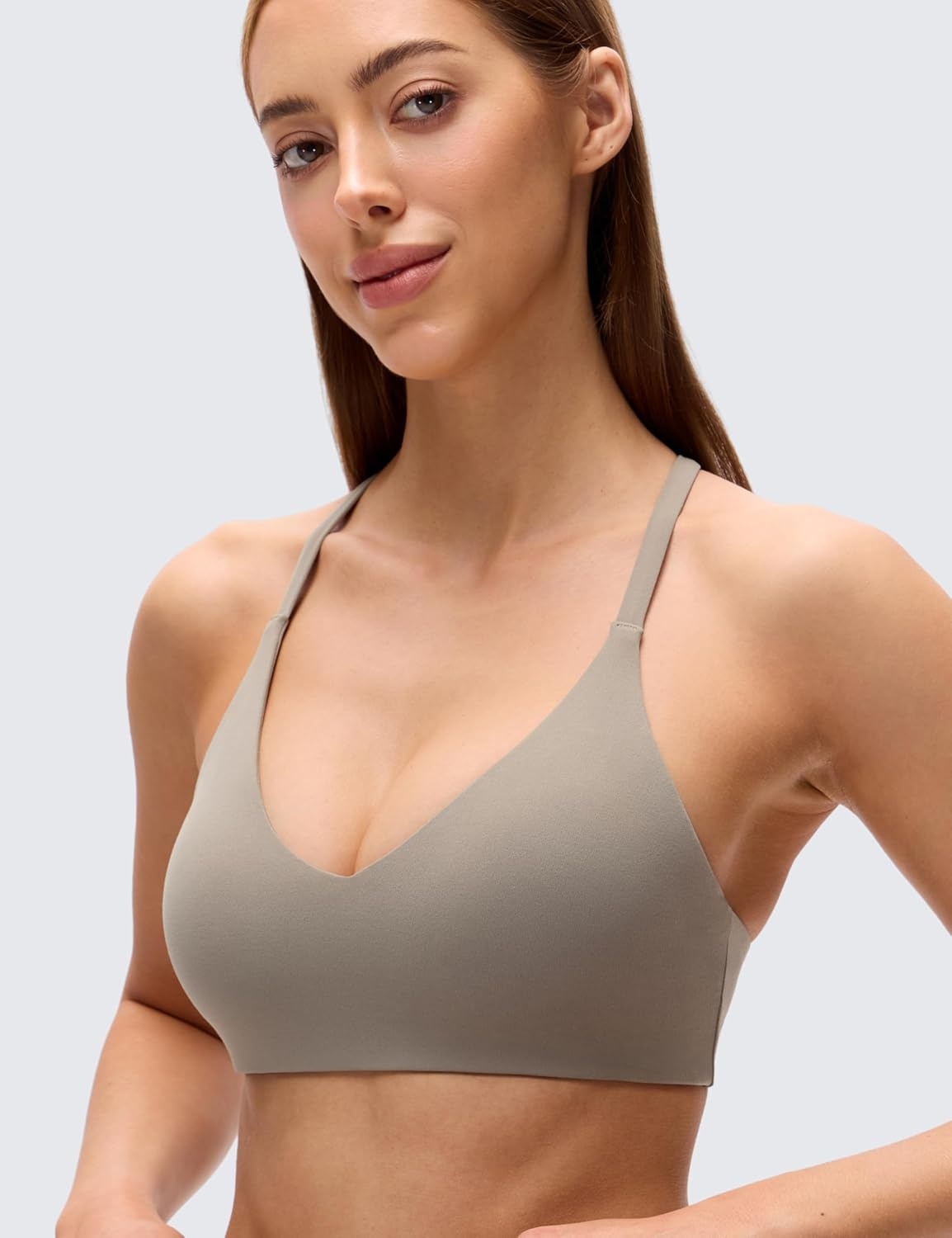 image:imageCRZ YOGA Butterluxe Low Coverage V Neck Sports Bras for Women Spaghetti Straps Racerback Padded Yoga TopWarm Ash Grey