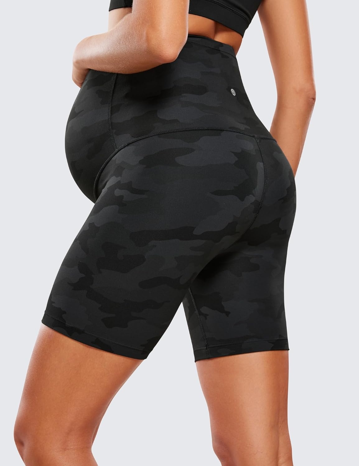 image:imageCRZ YOGA Butterluxe Maternity Biker Shorts 6 Over The Belly Pregnancy Yoga Workout Womens Activewear Buttery SoftDark Grey Camouflage 2