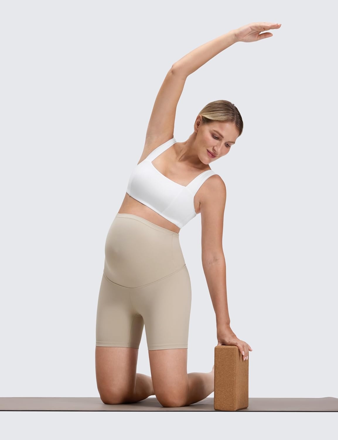 image:imageCRZ YOGA Butterluxe Maternity Biker Shorts 6 Over The Belly Pregnancy Yoga Workout Womens Activewear Buttery SoftMojave Tan