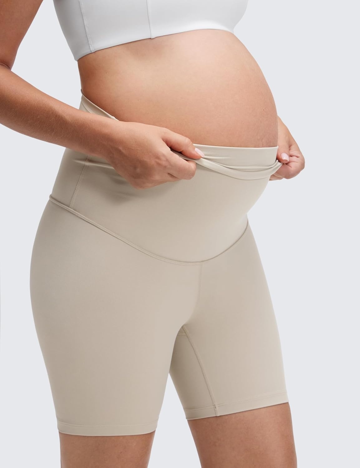 image:imageCRZ YOGA Butterluxe Maternity Biker Shorts 6 Over The Belly Pregnancy Yoga Workout Womens Activewear Buttery SoftMojave Tan