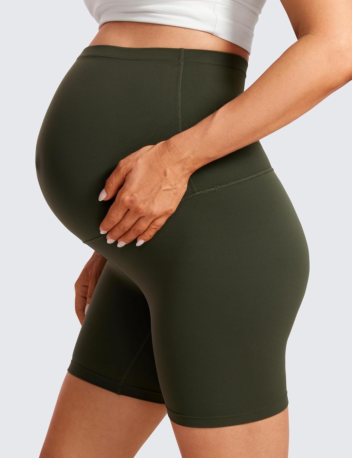 image:imageCRZ YOGA Butterluxe Maternity Biker Shorts 6 Over The Belly Pregnancy Yoga Workout Womens Activewear Buttery SoftOlive Green
