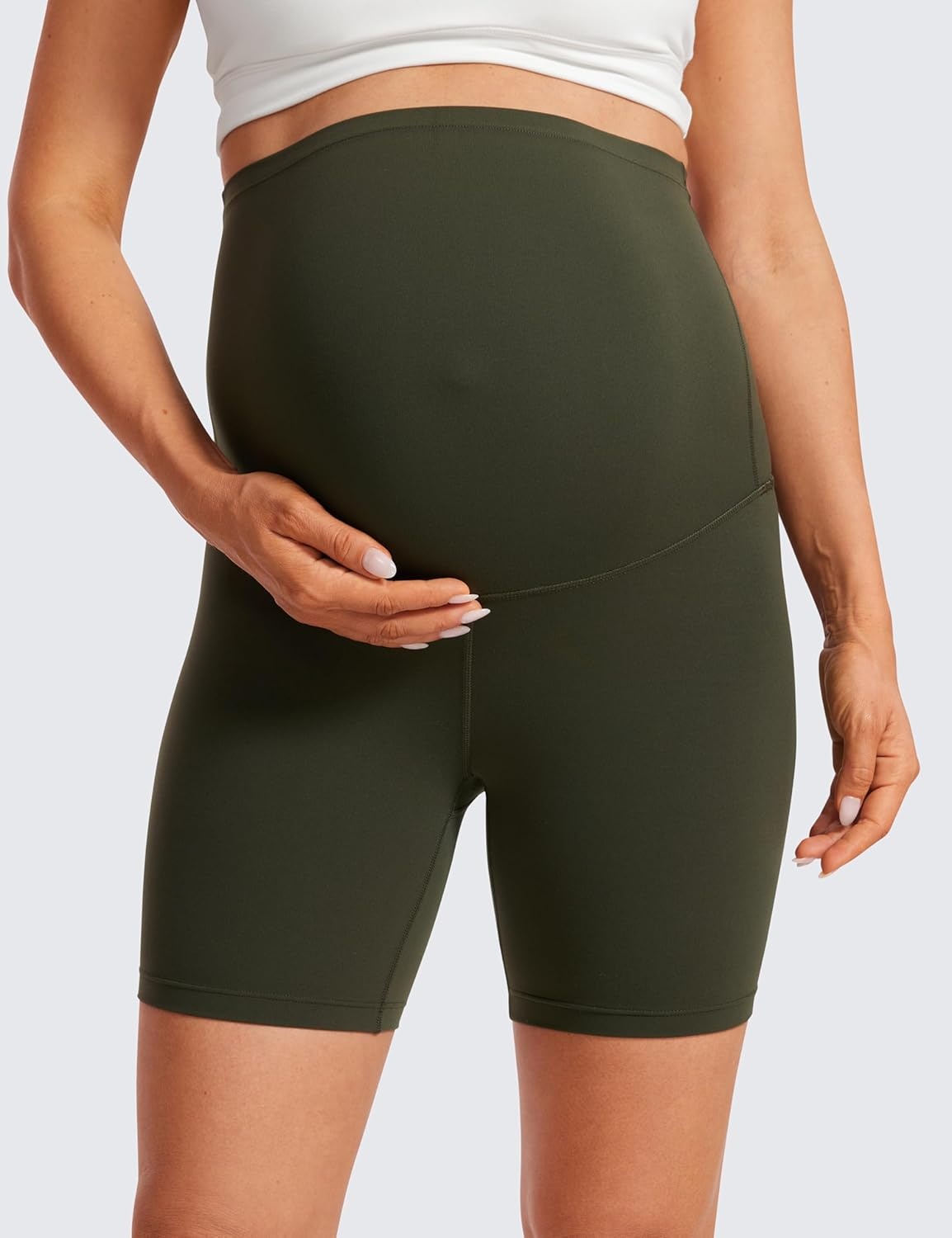 image:imageCRZ YOGA Butterluxe Maternity Biker Shorts 6 Over The Belly Pregnancy Yoga Workout Womens Activewear Buttery SoftOlive Green