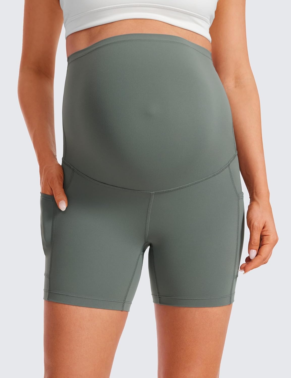 image:imageCRZ YOGA Butterluxe Maternity Biker Shorts Pockets 5 Over The Belly Pregnancy Womens Yoga Workout Athletic Buttery SoftGrey Sage