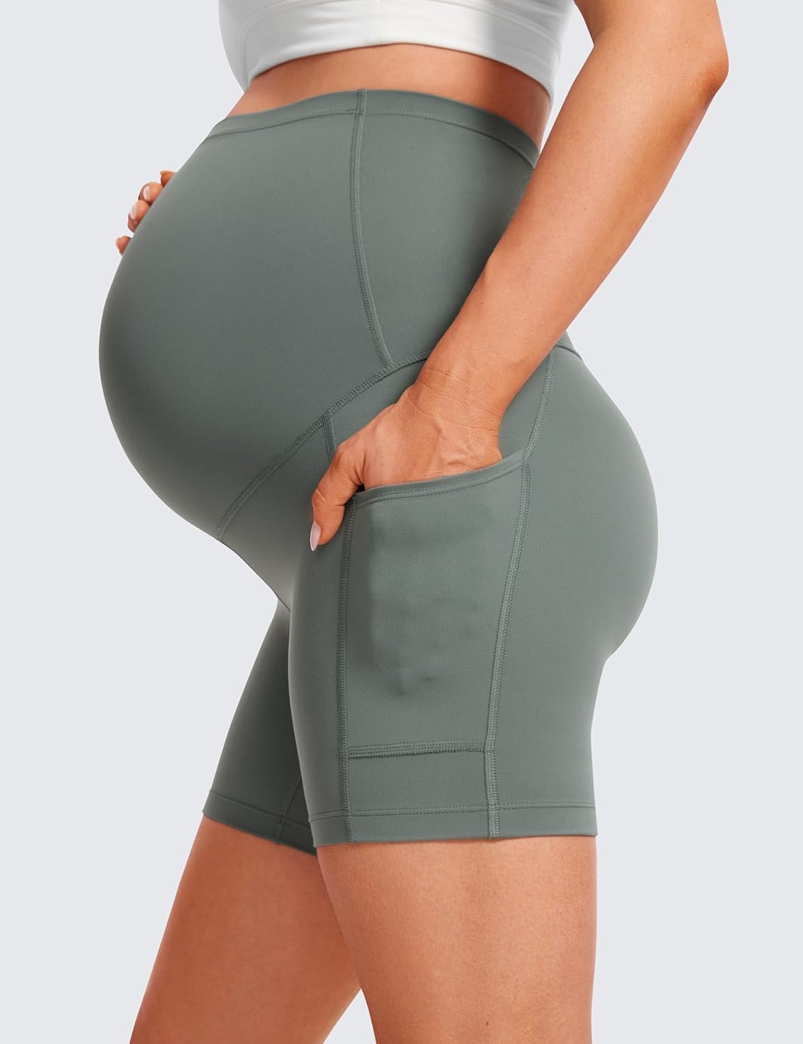 image:imageCRZ YOGA Butterluxe Maternity Biker Shorts Pockets 5 Over The Belly Pregnancy Womens Yoga Workout Athletic Buttery SoftGrey Sage