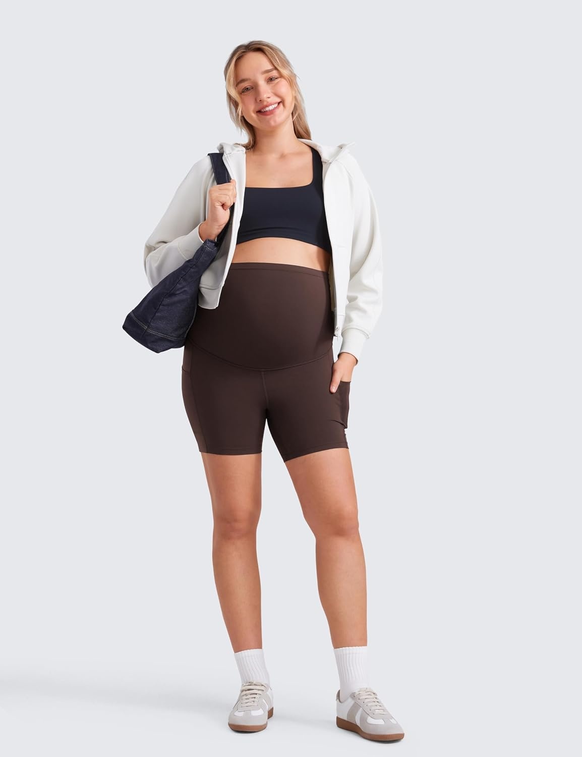image:imageCRZ YOGA Butterluxe Maternity Biker Shorts Pockets 5 Over The Belly Pregnancy Womens Yoga Workout Athletic Buttery SoftHot Fudge Brown