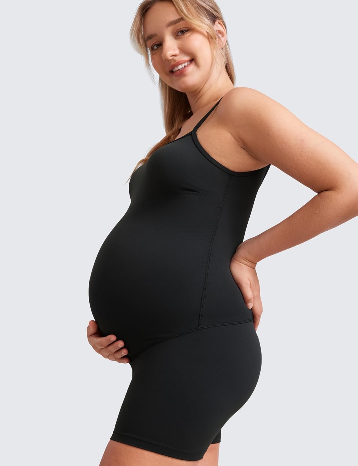 image:imageCRZ YOGA Butterluxe Maternity Cami Strap Workout Romper U Neck Casual Shorts Jumpsuit Pregnancy Womens Tank Top BodysuitBlack