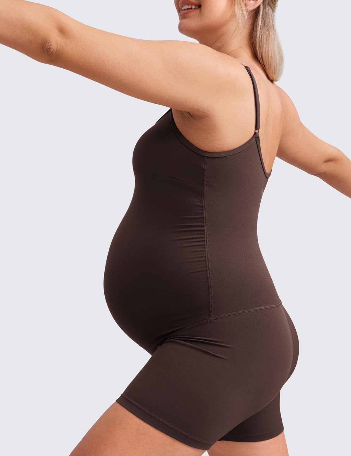 image:imageCRZ YOGA Butterluxe Maternity Cami Strap Workout Romper U Neck Casual Shorts Jumpsuit Pregnancy Womens Tank Top BodysuitHot Fudge Brown