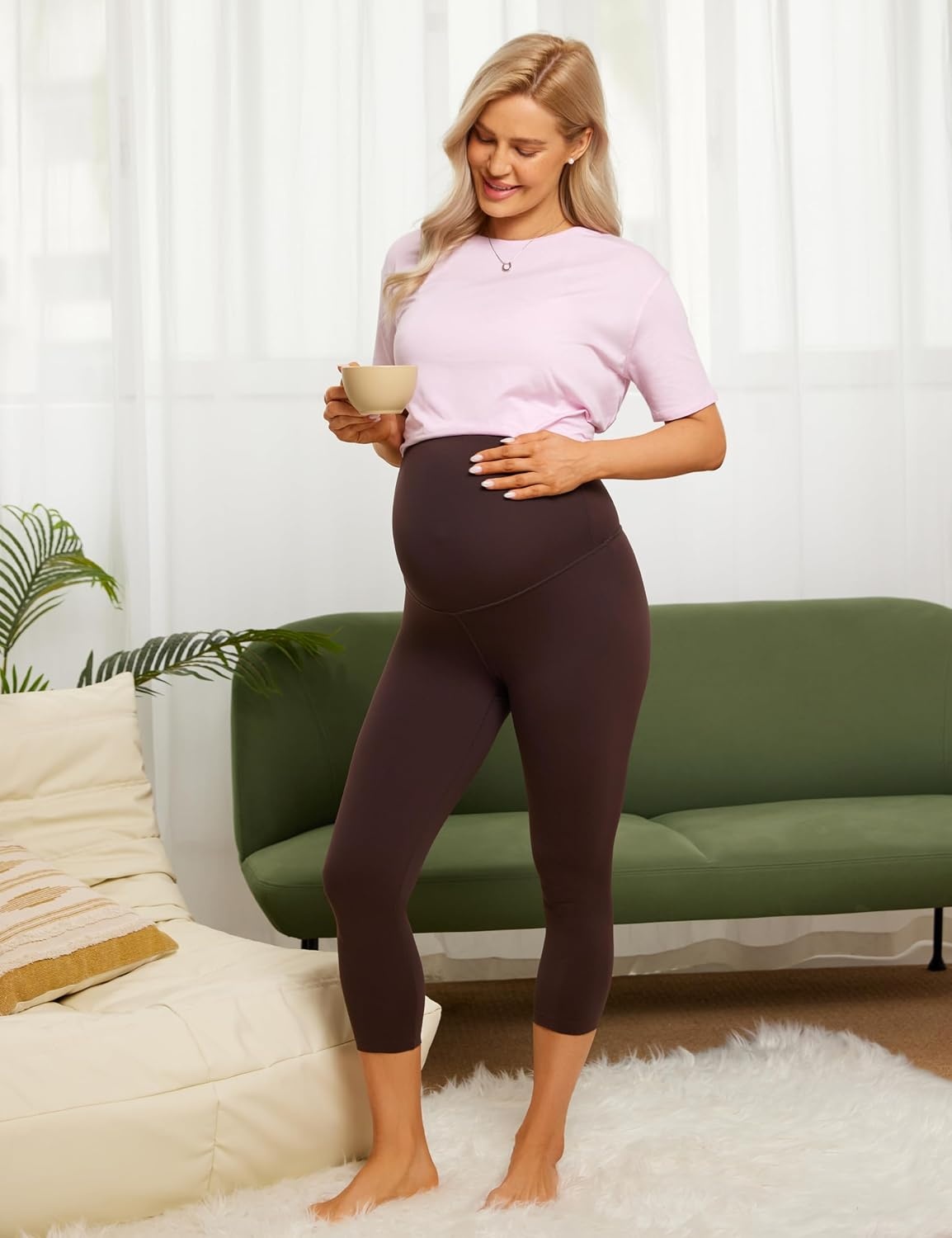 image:imageCRZ YOGA Butterluxe Maternity Capris Leggings 21 Over The Belly Workout Active Yoga Womens Pregnancy Crop Pants StretchyHot Fudge Brown