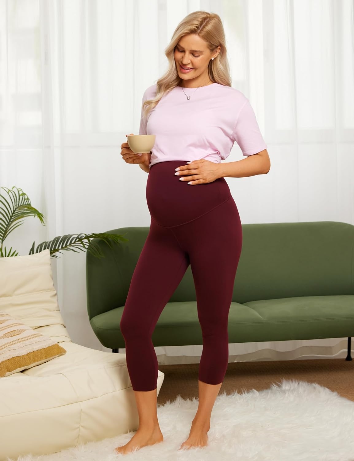 image:imageCRZ YOGA Butterluxe Maternity Capris Leggings 21 Over The Belly Workout Active Yoga Womens Pregnancy Crop Pants StretchyRed Merlot