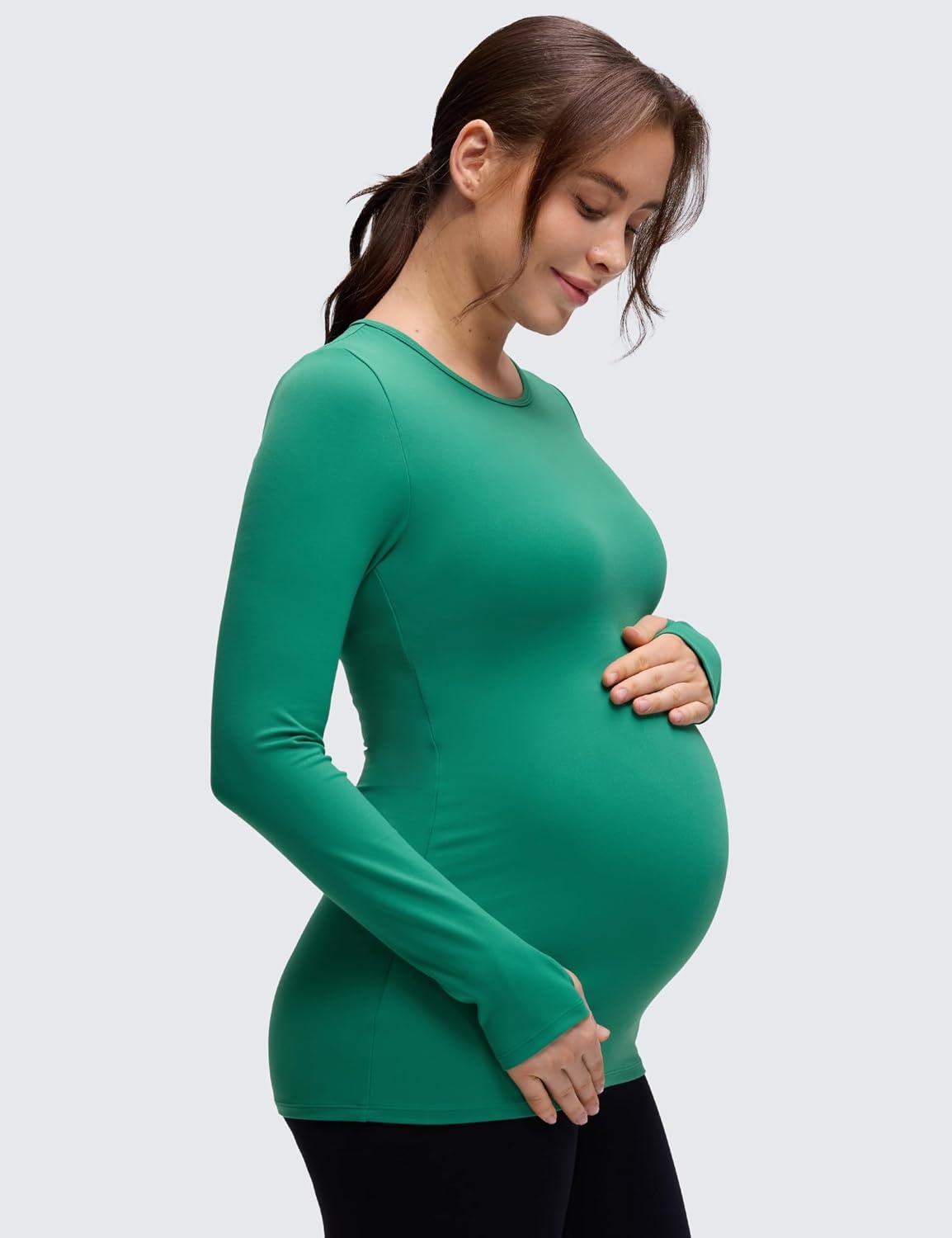 image:imageCRZ YOGA Butterluxe Maternity Crewneck Long Sleeve Shirts Athletic Yoga Casual Pregnancy Womens Tee Tops Basic Layer SoftCascadia Green