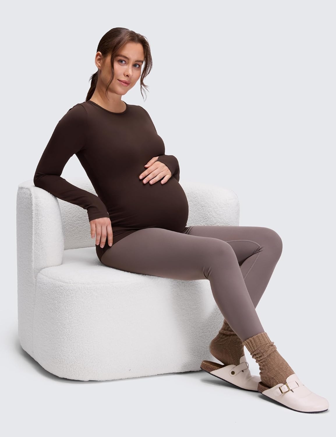 image:imageCRZ YOGA Butterluxe Maternity Crewneck Long Sleeve Shirts Athletic Yoga Casual Pregnancy Womens Tee Tops Basic Layer SoftHot Fudge Brown