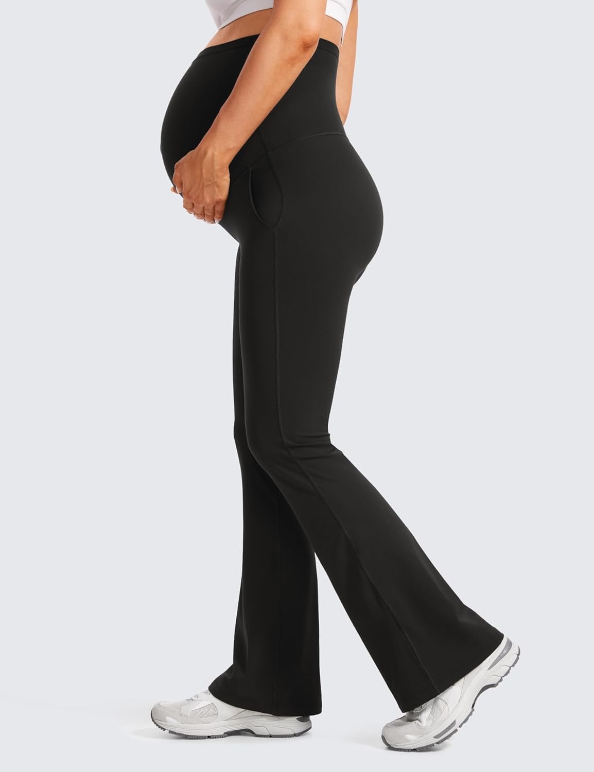 image:imageCRZ YOGA Butterluxe Maternity Flare Leggings Pockets 31 Workout Yoga Bootcut Pregnancy Womens Pants Over The BellyBlack