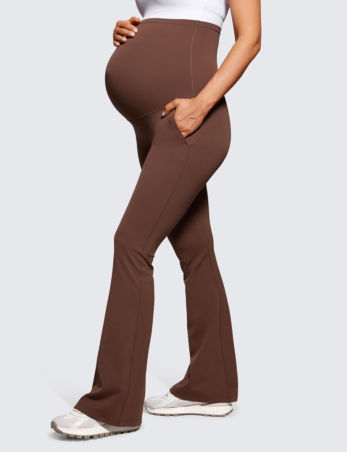 image:imageCRZ YOGA Butterluxe Maternity Flare Leggings Pockets 31 Workout Yoga Bootcut Pregnancy Womens Pants Over The BellyCoffee Brown