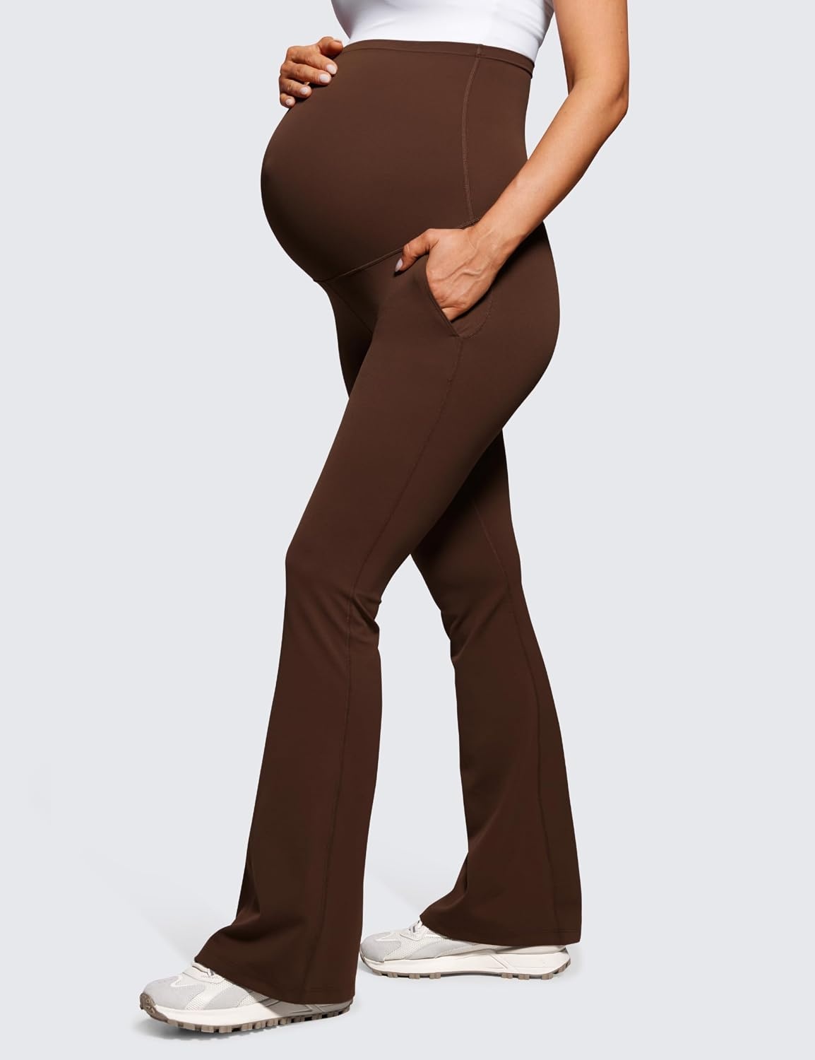 image:imageCRZ YOGA Butterluxe Maternity Flare Leggings Pockets 31 Workout Yoga Bootcut Pregnancy Womens Pants Over The BellyLava Brown