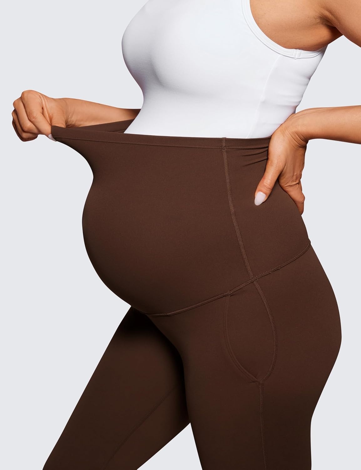 image:imageCRZ YOGA Butterluxe Maternity Flare Leggings Pockets 31 Workout Yoga Bootcut Pregnancy Womens Pants Over The BellyLava Brown