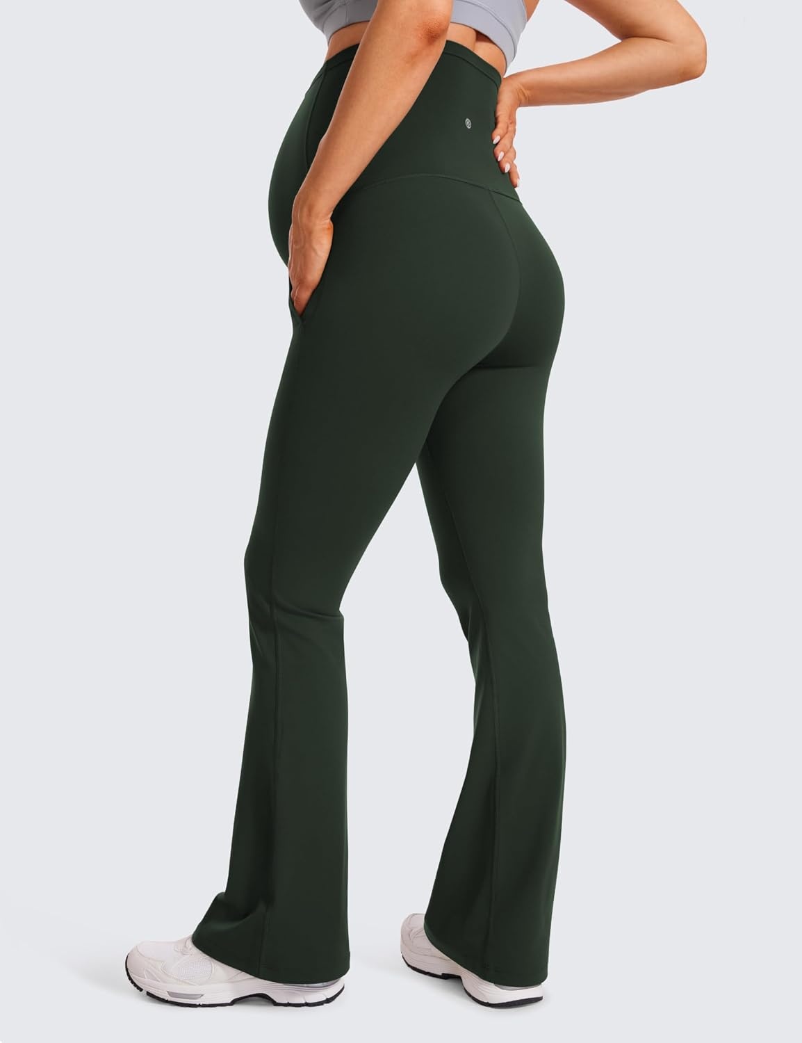 image:imageCRZ YOGA Butterluxe Maternity Flare Leggings Pockets 31 Workout Yoga Bootcut Pregnancy Womens Pants Over The BellyLegend Green
