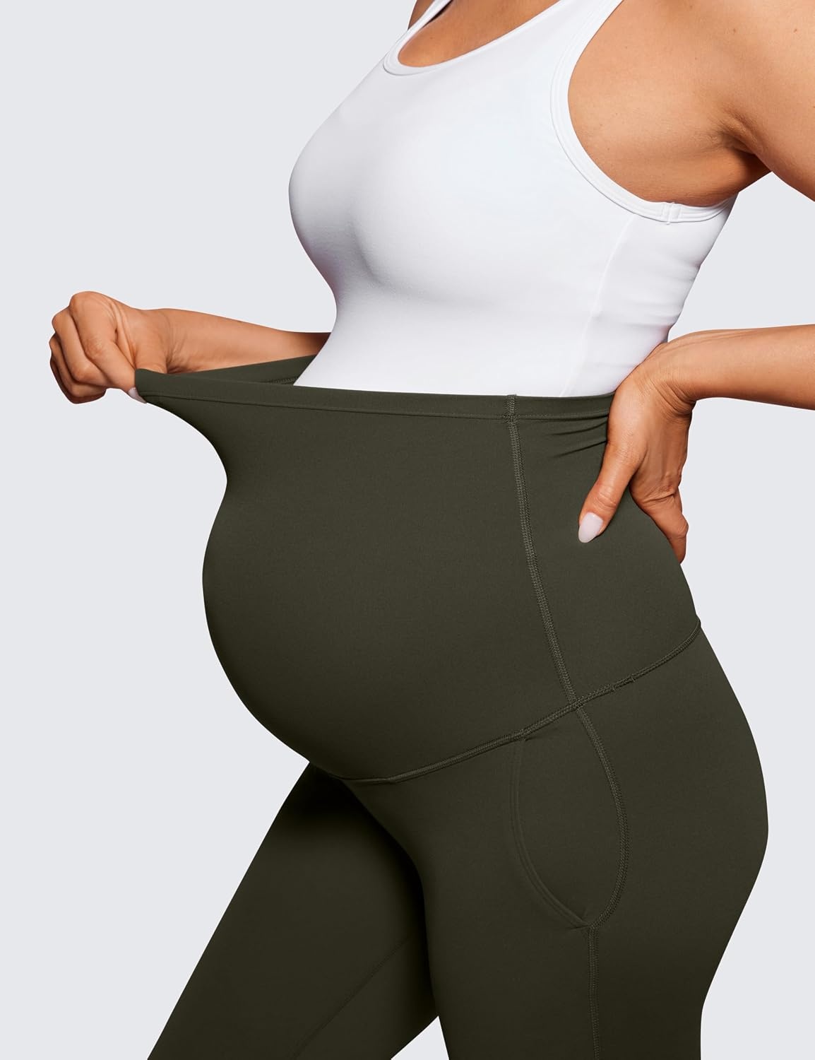 image:imageCRZ YOGA Butterluxe Maternity Flare Leggings Pockets 31 Workout Yoga Bootcut Pregnancy Womens Pants Over The BellyOlive Green