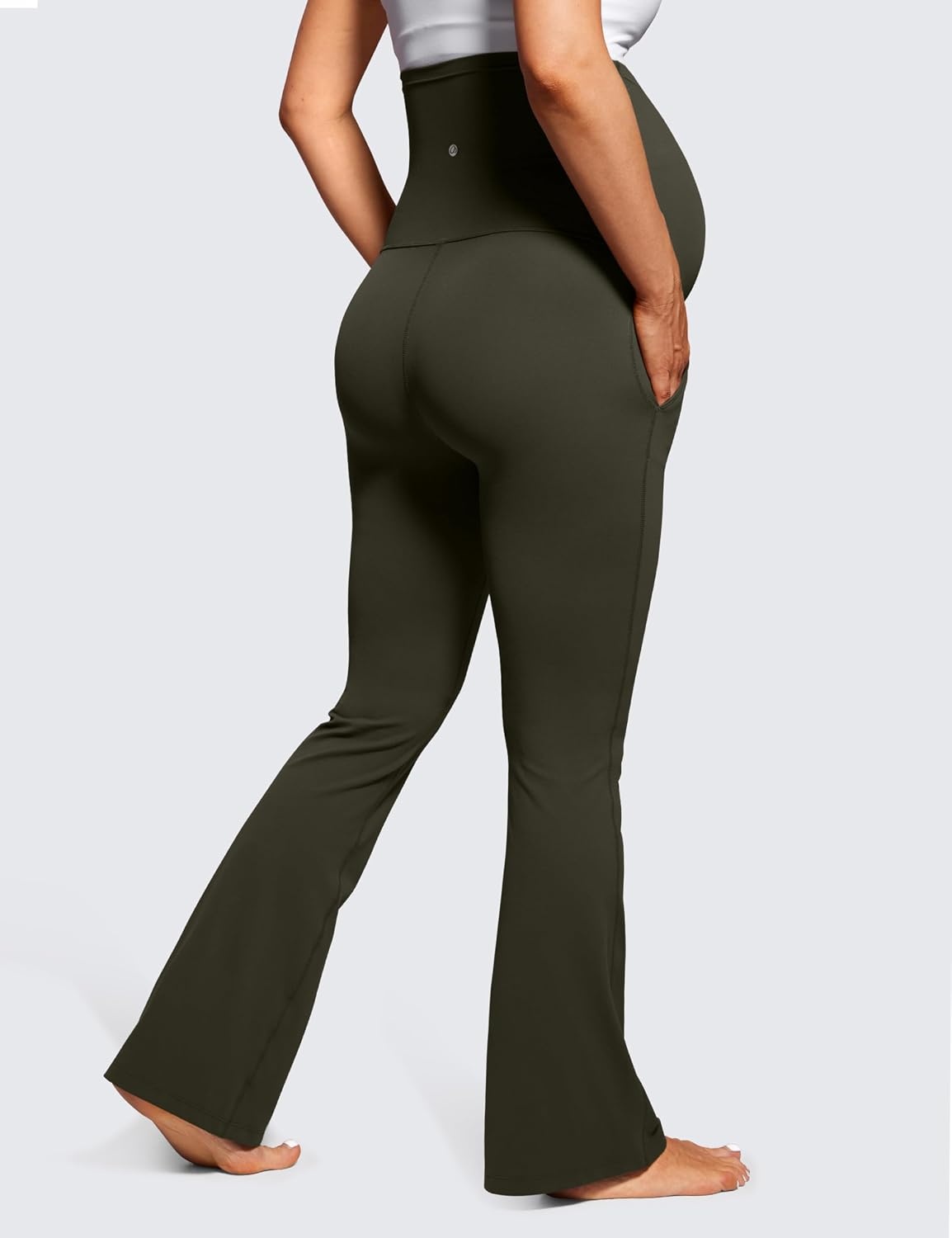 image:imageCRZ YOGA Butterluxe Maternity Flare Leggings Pockets 31 Workout Yoga Bootcut Pregnancy Womens Pants Over The BellyOlive Green
