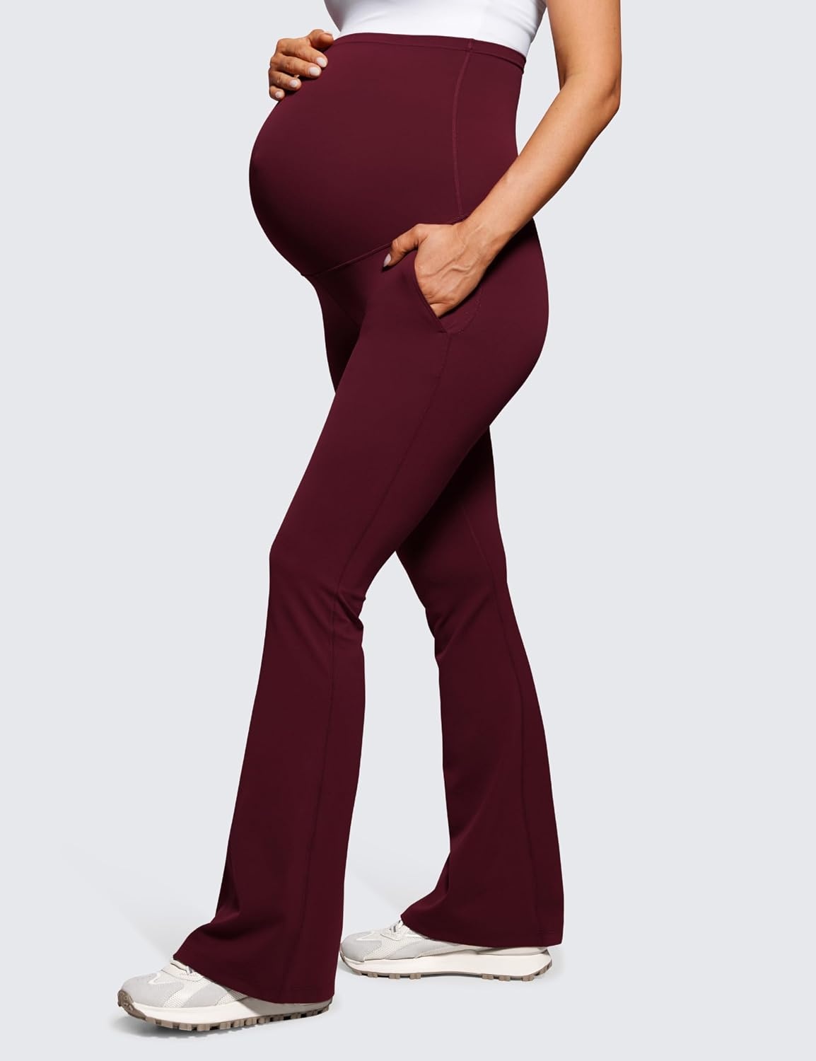 image:imageCRZ YOGA Butterluxe Maternity Flare Leggings Pockets 31 Workout Yoga Bootcut Pregnancy Womens Pants Over The BellyRed Merlot