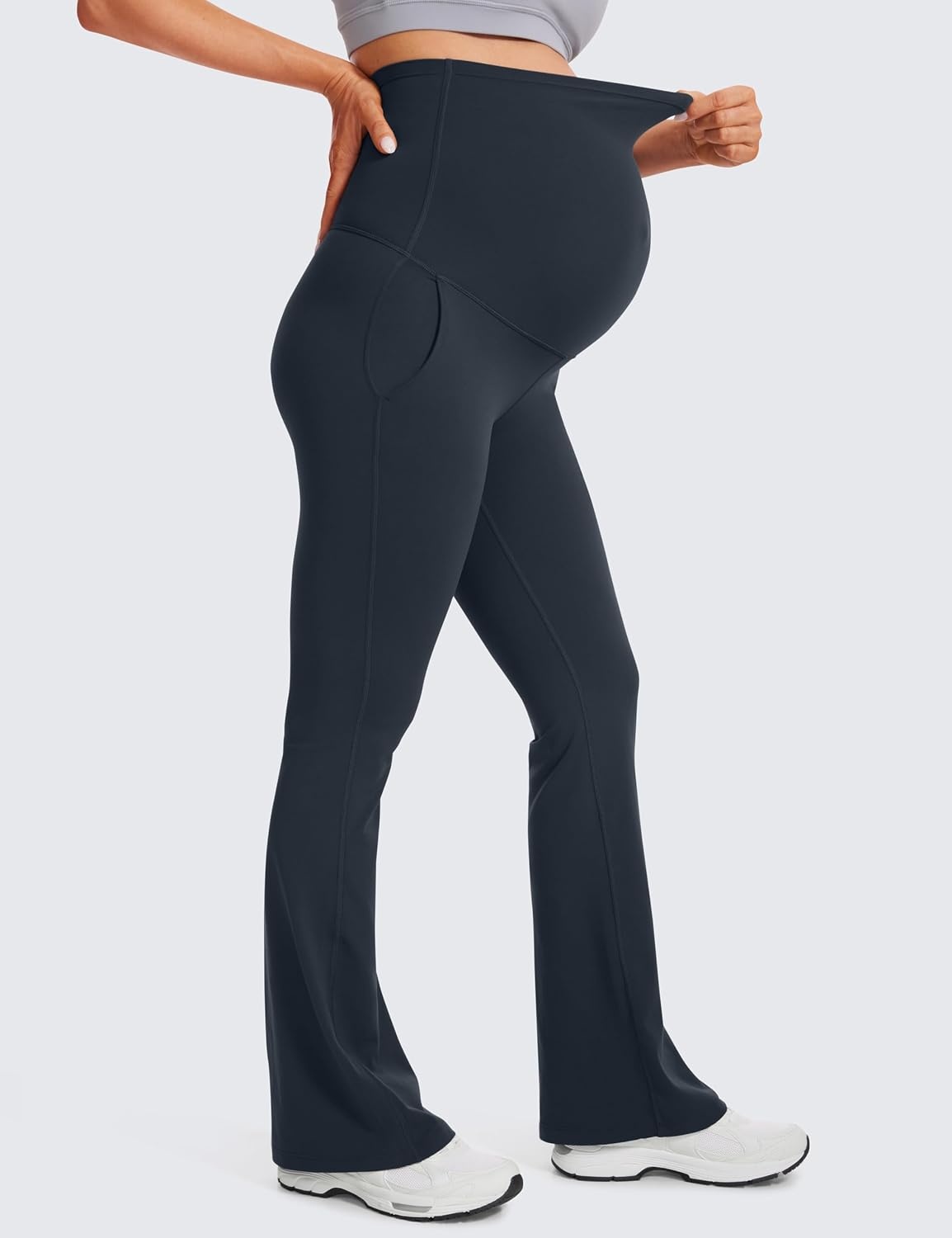 image:imageCRZ YOGA Butterluxe Maternity Flare Leggings Pockets 31 Workout Yoga Bootcut Pregnancy Womens Pants Over The BellyTrue Navy
