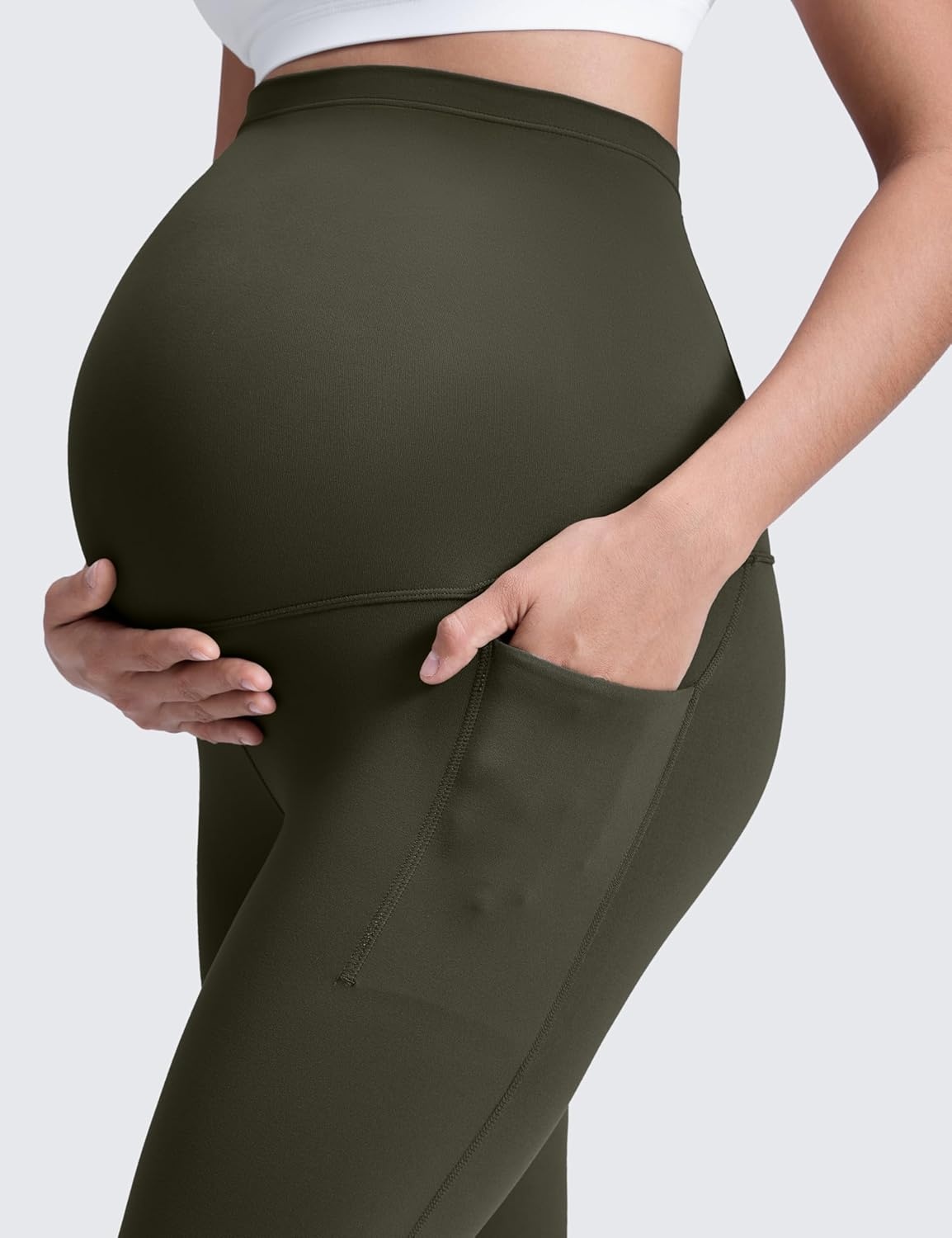 image:imageCRZ YOGA Butterluxe Maternity Leggings Pockets 25 Soft Workout Active Yoga Pregnancy Womens Pants Over The BellyOlive Green