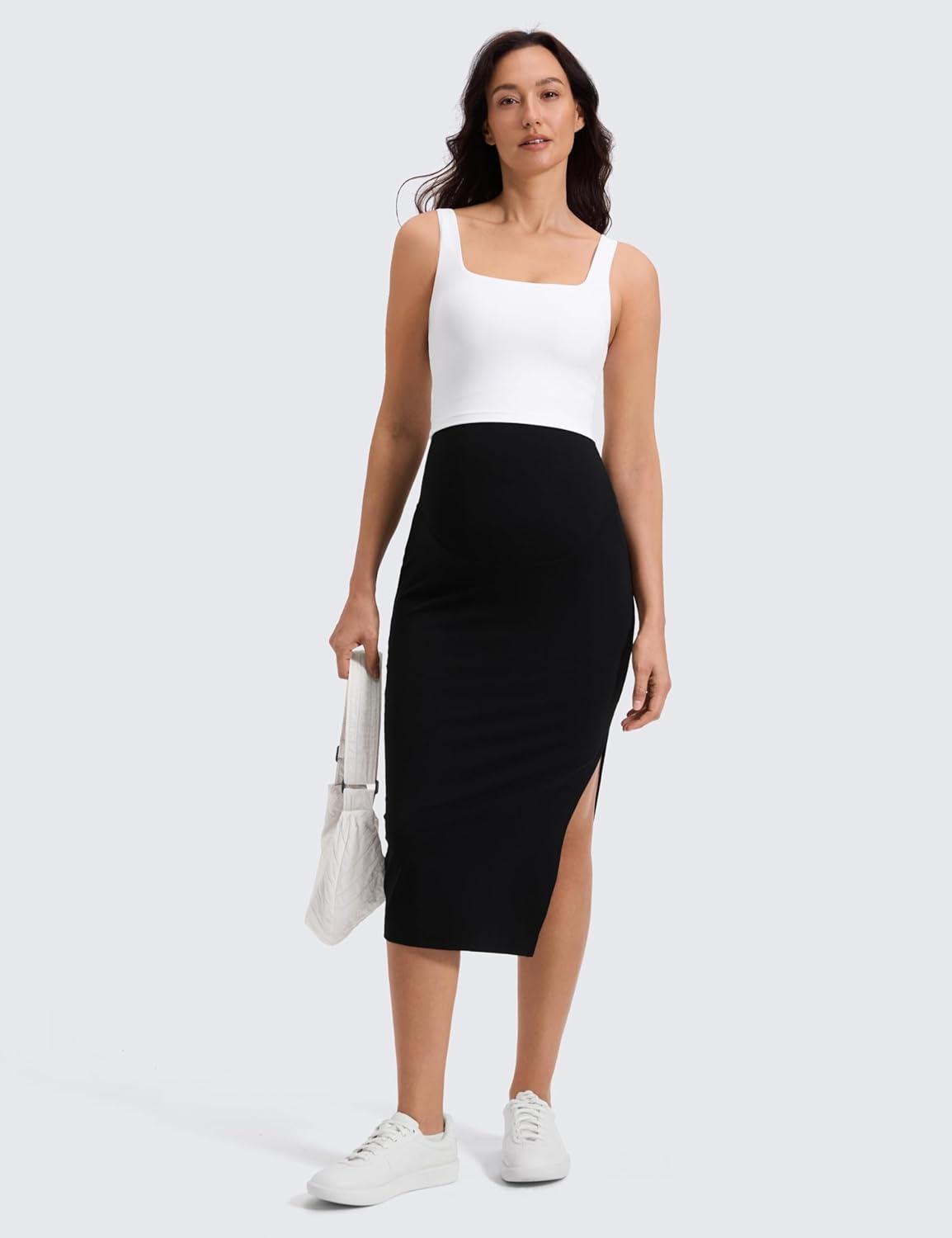 image:imageCRZ YOGA Butterluxe Maternity Side Split Midi Skirt Bodycon Womens Pregnancy Casual Pencil Over The Belly Stretchy SoftBlack