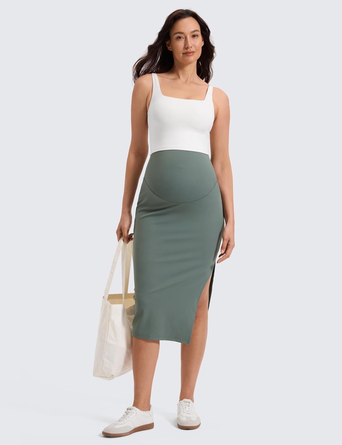 image:imageCRZ YOGA Butterluxe Maternity Side Split Midi Skirt Bodycon Womens Pregnancy Casual Pencil Over The Belly Stretchy SoftGrey Sage