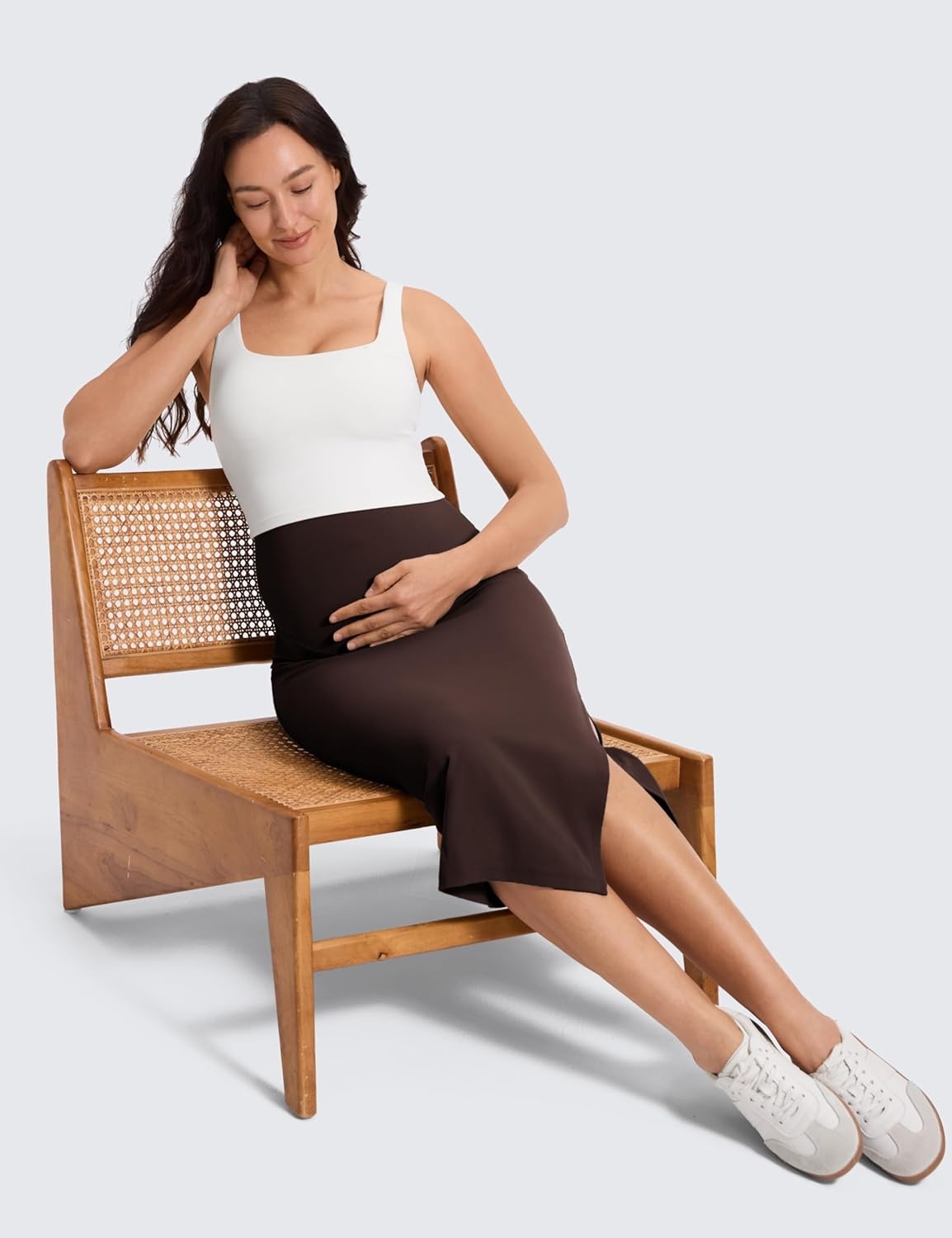image:imageCRZ YOGA Butterluxe Maternity Side Split Midi Skirt Bodycon Womens Pregnancy Casual Pencil Over The Belly Stretchy SoftHot Fudge Brown