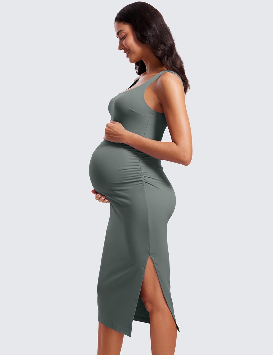 image:imageCRZ YOGA Butterluxe Maternity Square Neck Midi Dress Split Ruched Tanks Womens Pregnancy Bodycon Casual Baby ShowerGrey Sage