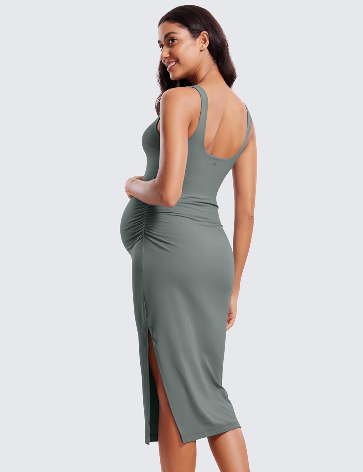 image:imageCRZ YOGA Butterluxe Maternity Square Neck Midi Dress Split Ruched Tanks Womens Pregnancy Bodycon Casual Baby ShowerGrey Sage