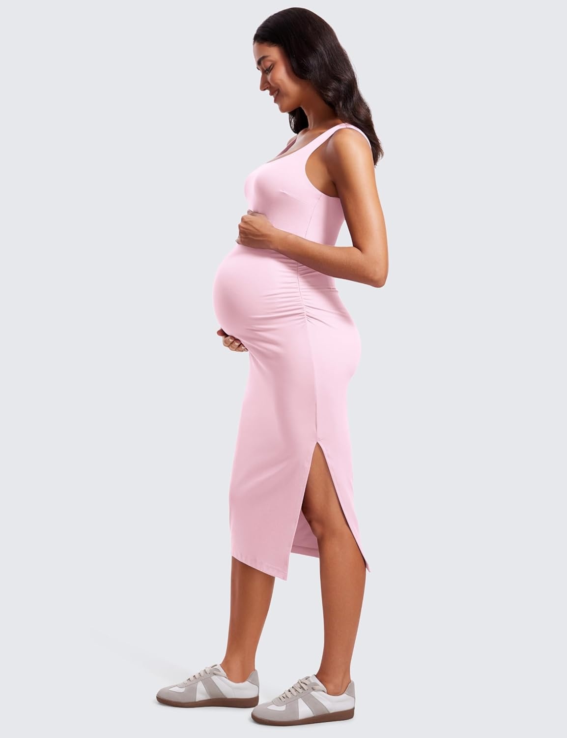 image:imageCRZ YOGA Butterluxe Maternity Square Neck Midi Dress Split Ruched Tanks Womens Pregnancy Bodycon Casual Baby ShowerPink Peony