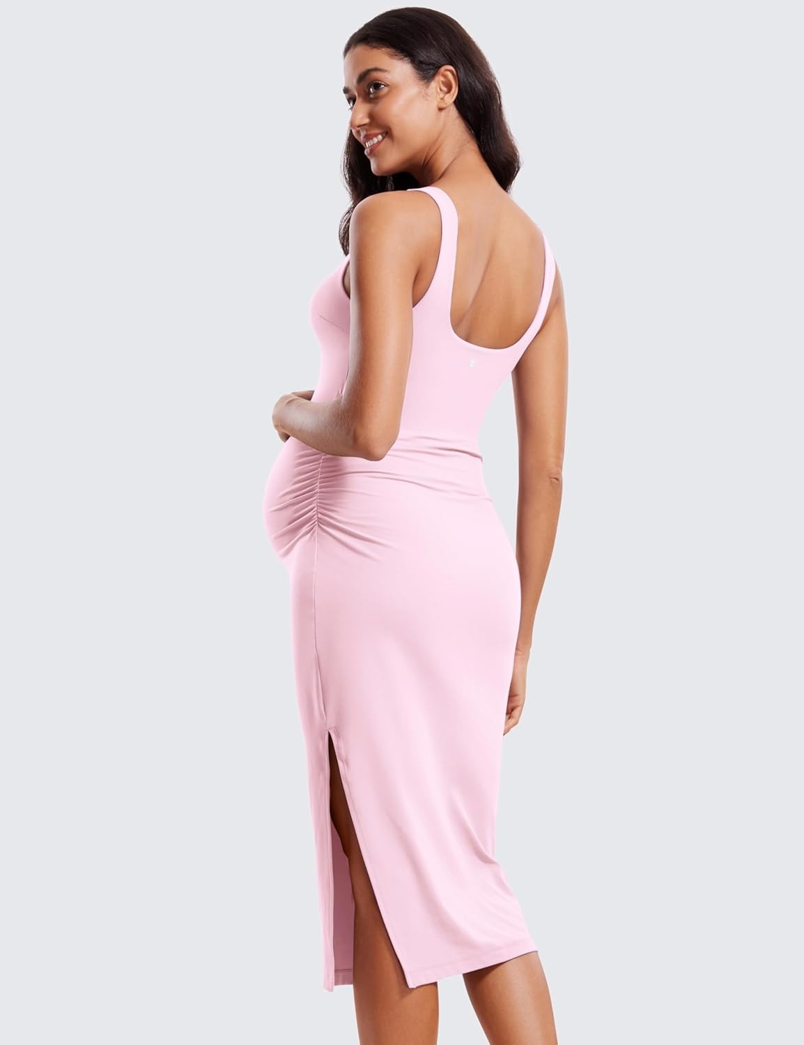 image:imageCRZ YOGA Butterluxe Maternity Square Neck Midi Dress Split Ruched Tanks Womens Pregnancy Bodycon Casual Baby ShowerPink Peony