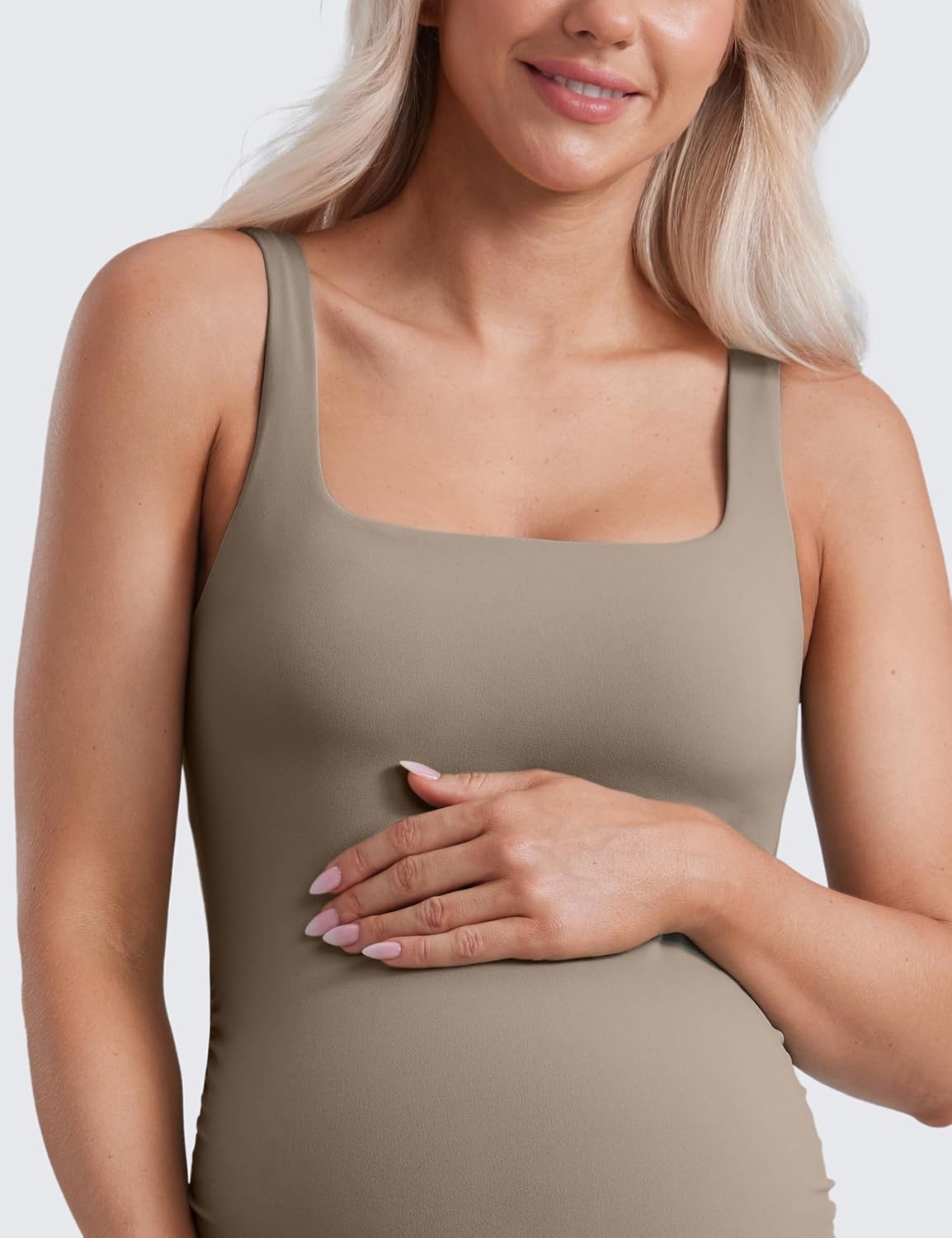 image:imageCRZ YOGA Butterluxe Maternity Square Neck Tank Tops Ruched Sleeveless Womens Pregnancy Yoga Tee Shirt with Built in BraNomad Grey
