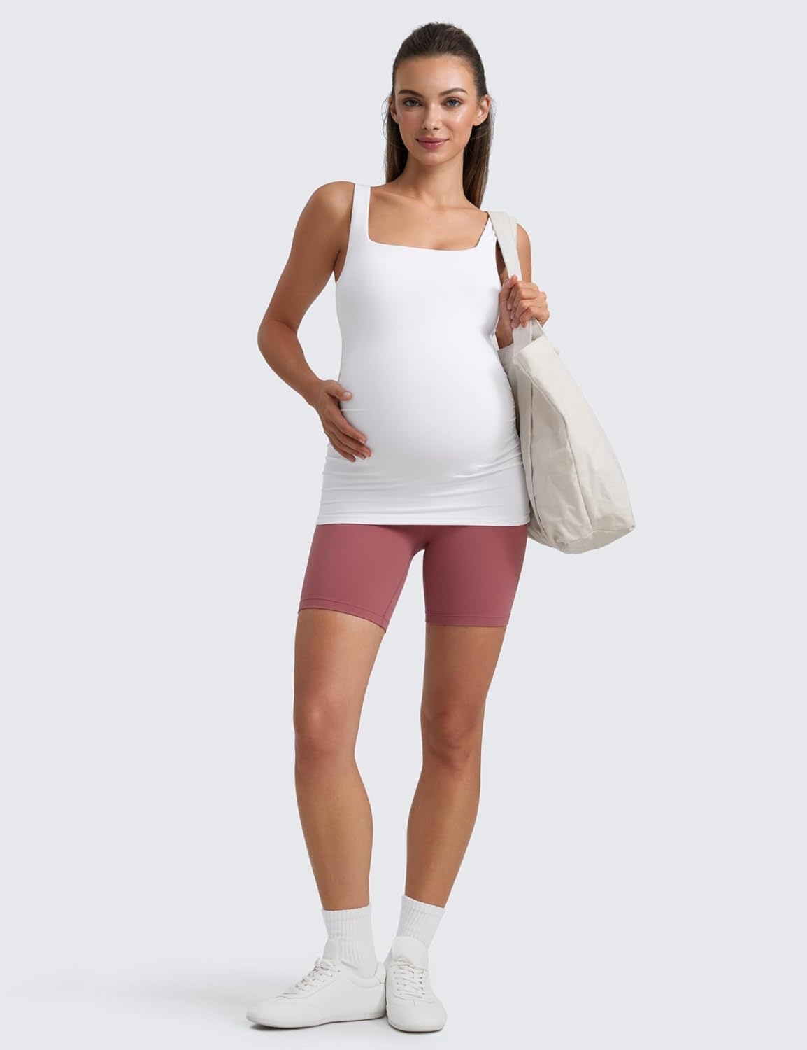 image:imageCRZ YOGA Butterluxe Maternity Square Neck Tank Tops Ruched Sleeveless Womens Pregnancy Yoga Tee Shirt with Built in BraWhite