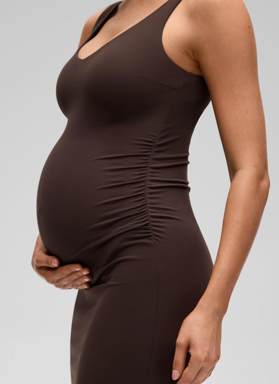 image:imageCRZ YOGA Butterluxe Maternity V Neck Mini Dress Linerless Ruched Sleeveless Casual Pregnancy Womens Summer BodyconHot Fudge Brown