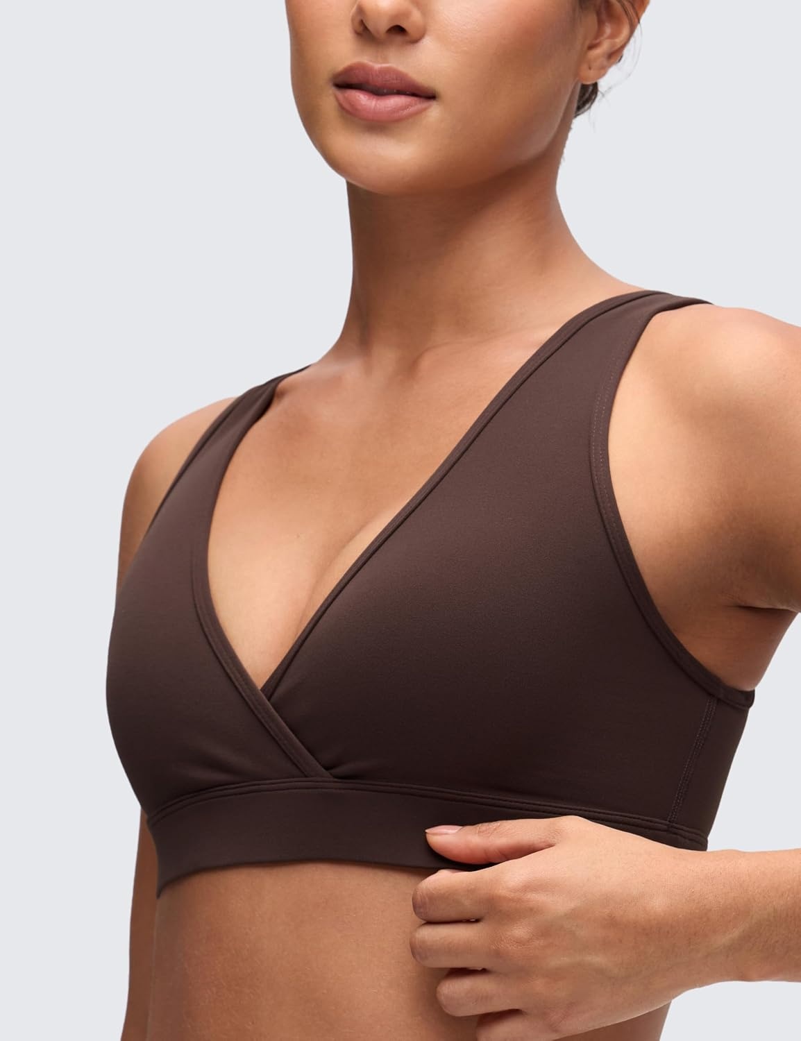 image:imageCRZ YOGA Butterluxe Maternity V Neck Nursing Bras Wireless Sleep Breastfeeding Lounge Womens Pregnancy Bralette ComfyHot Fudge Brown