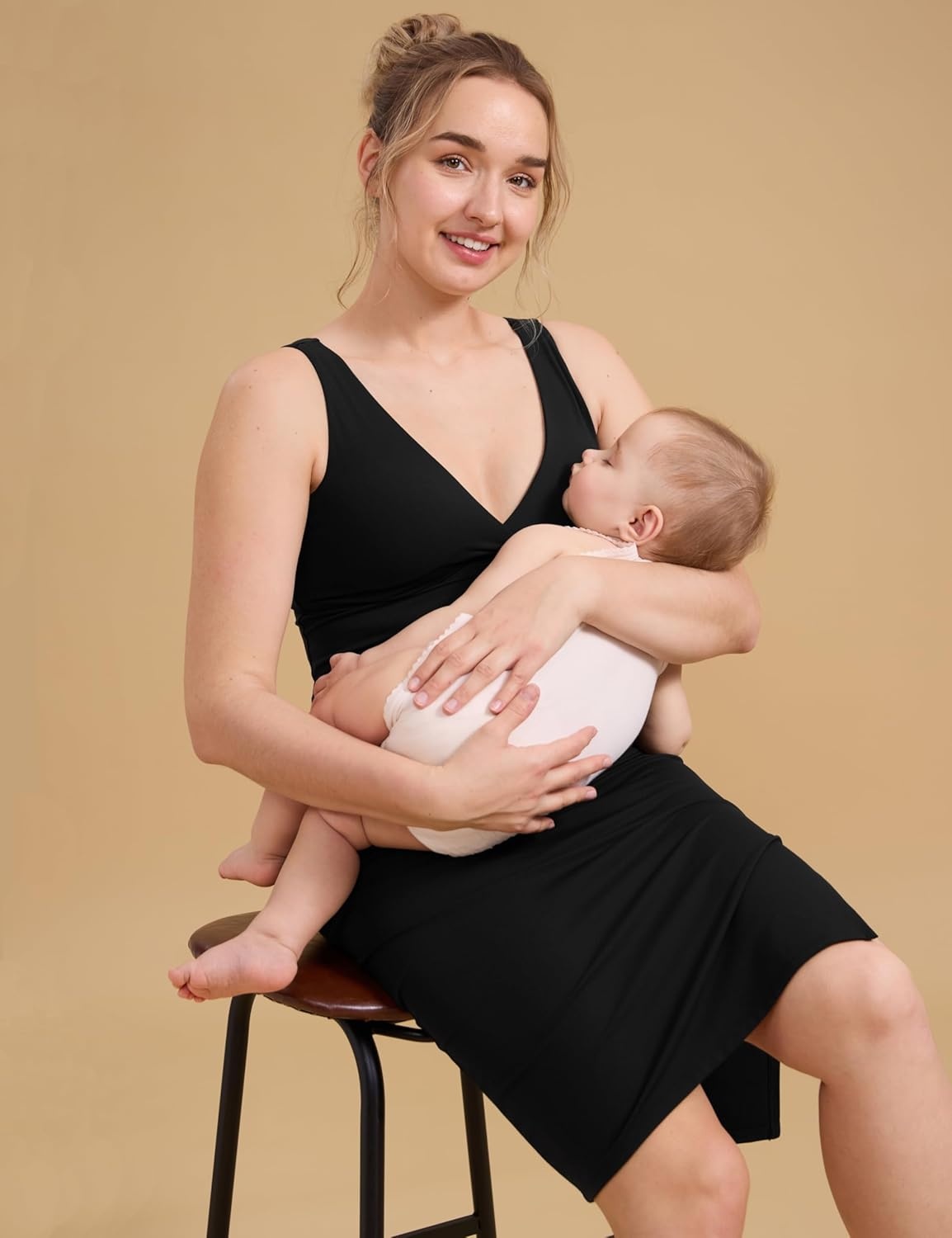 image:imageCRZ YOGA Butterluxe Maternity V Neck Nursing Midi Dress Slit Sleeveless Casual Pregnancy Womens Bodycon Built in Bra OutfitBlack