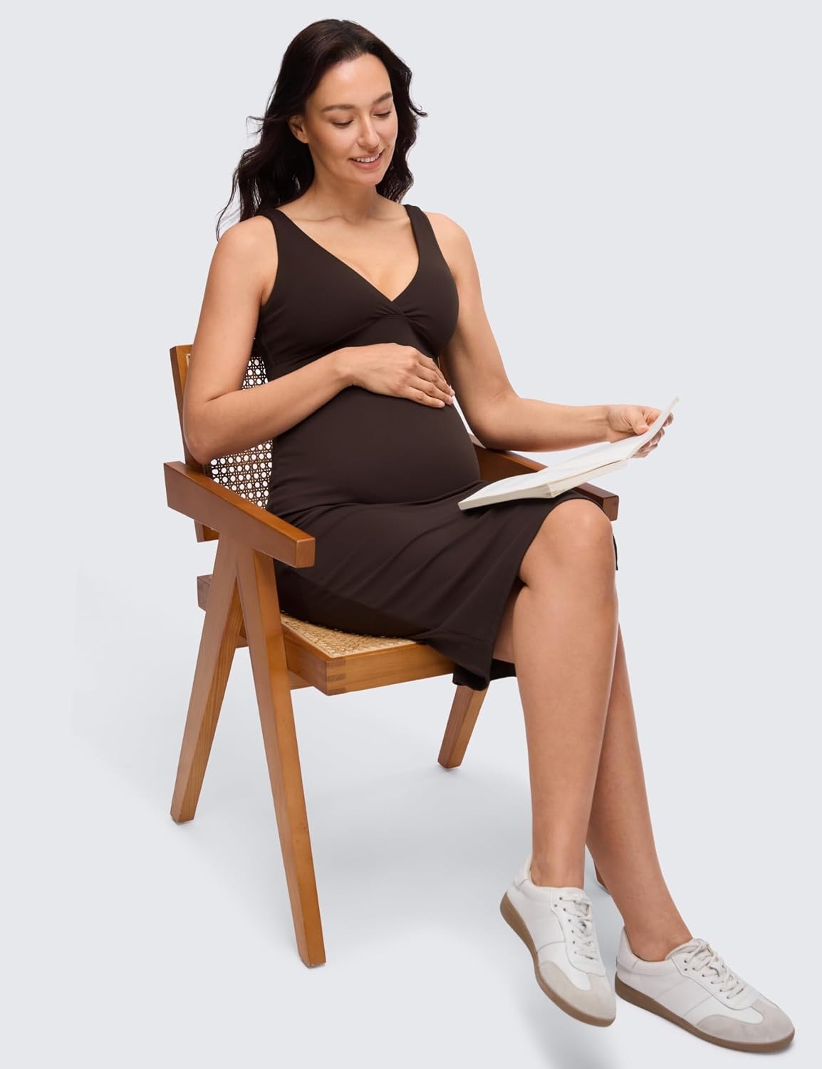image:imageCRZ YOGA Butterluxe Maternity V Neck Nursing Midi Dress Slit Sleeveless Casual Pregnancy Womens Bodycon Built in Bra OutfitHot Fudge Brown