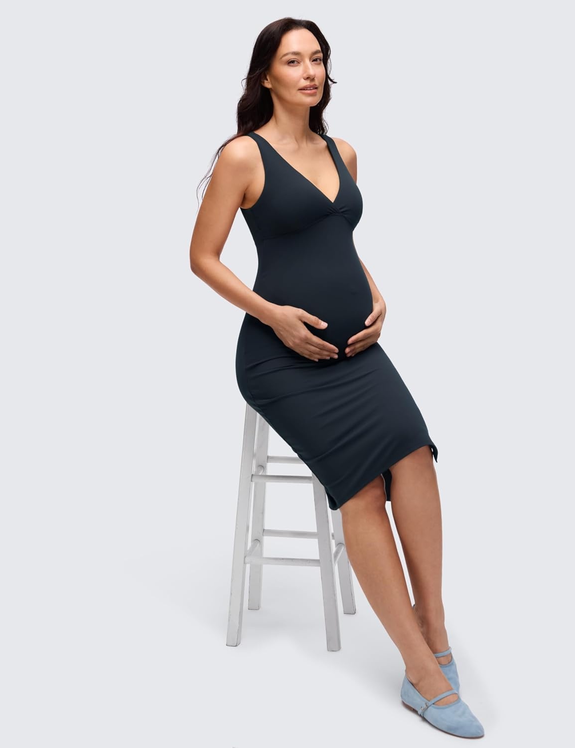 image:imageCRZ YOGA Butterluxe Maternity V Neck Nursing Midi Dress Slit Sleeveless Casual Pregnancy Womens Bodycon Built in Bra OutfitTrue Navy