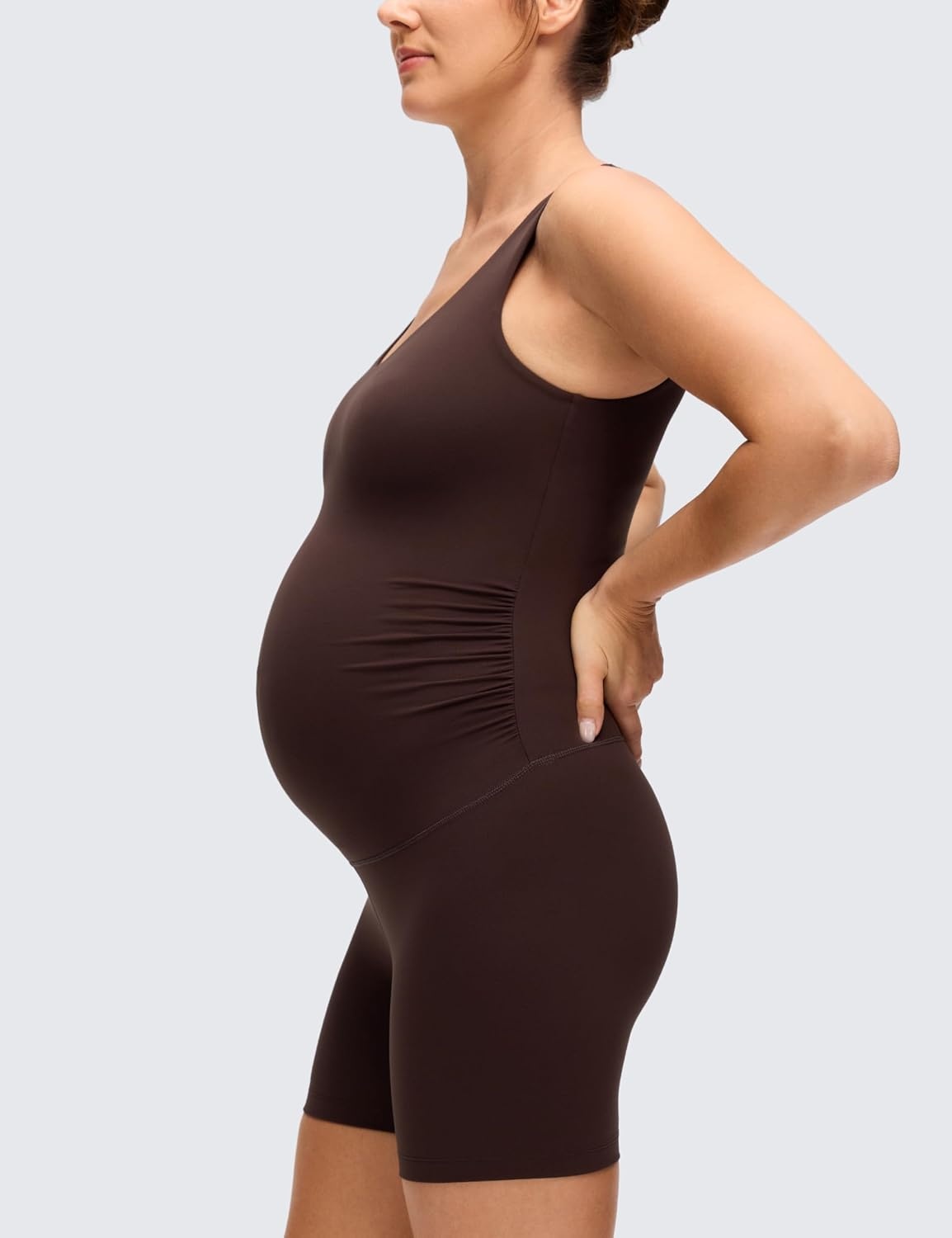 image:imageCRZ YOGA Butterluxe Maternity V Neck Workout Romper Casual Sleeveless Shorts Jumpsuit Pregnancy Womens One Piece BodysuitHot Fudge Brown