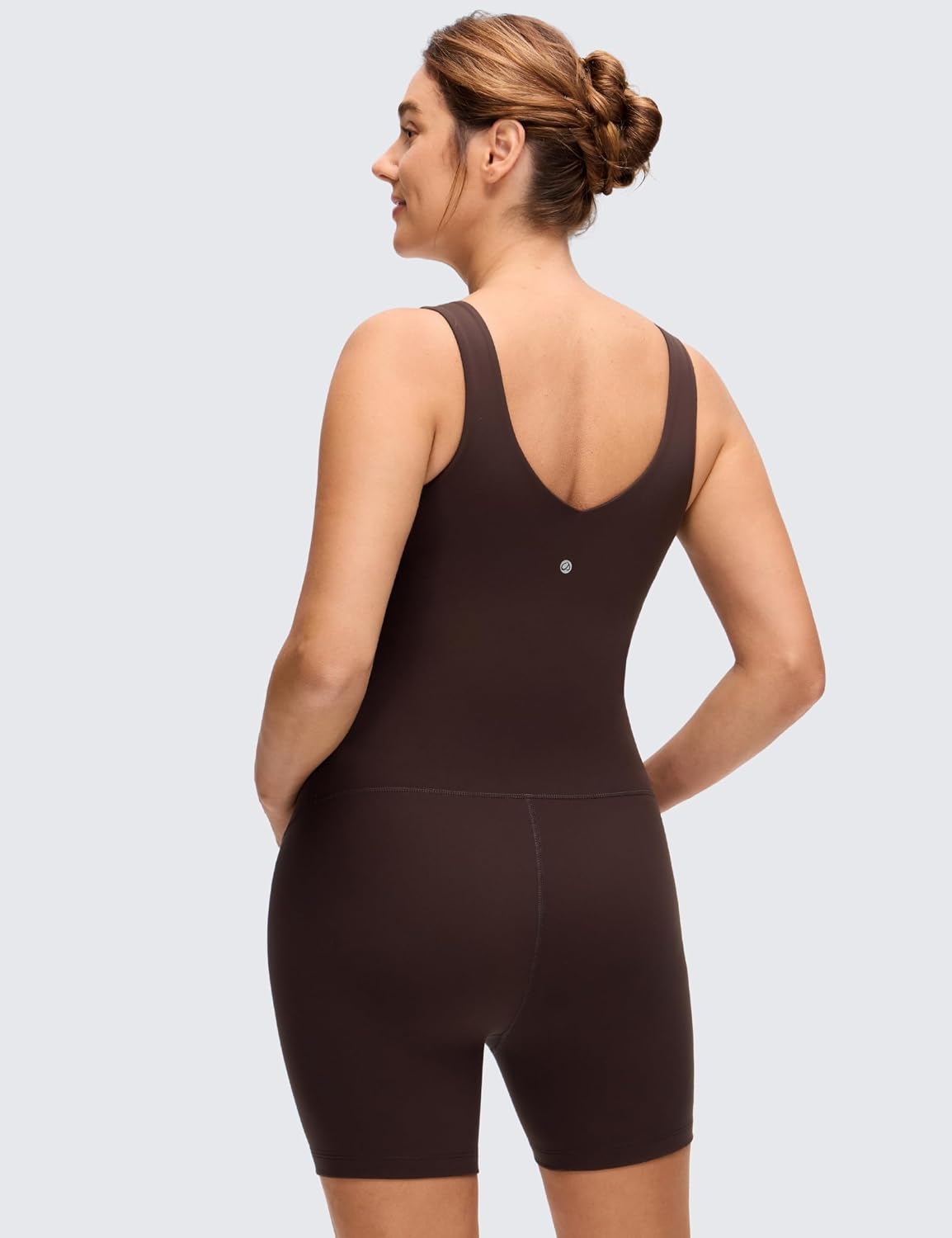 image:imageCRZ YOGA Butterluxe Maternity V Neck Workout Romper Casual Sleeveless Shorts Jumpsuit Pregnancy Womens One Piece BodysuitHot Fudge Brown