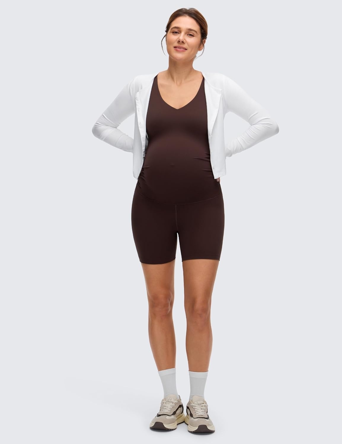 image:imageCRZ YOGA Butterluxe Maternity V Neck Workout Romper Casual Sleeveless Shorts Jumpsuit Pregnancy Womens One Piece BodysuitHot Fudge Brown