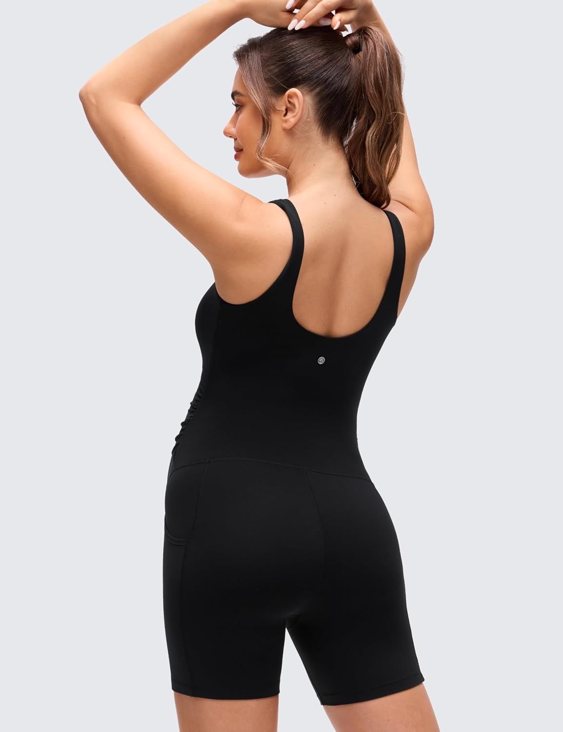 image:imageCRZ YOGA Butterluxe Maternity Workout Romper Pockets U Neck Sleeveless Shorts Jumpsuit Pregnancy Womens Ruched BodysuitBlack