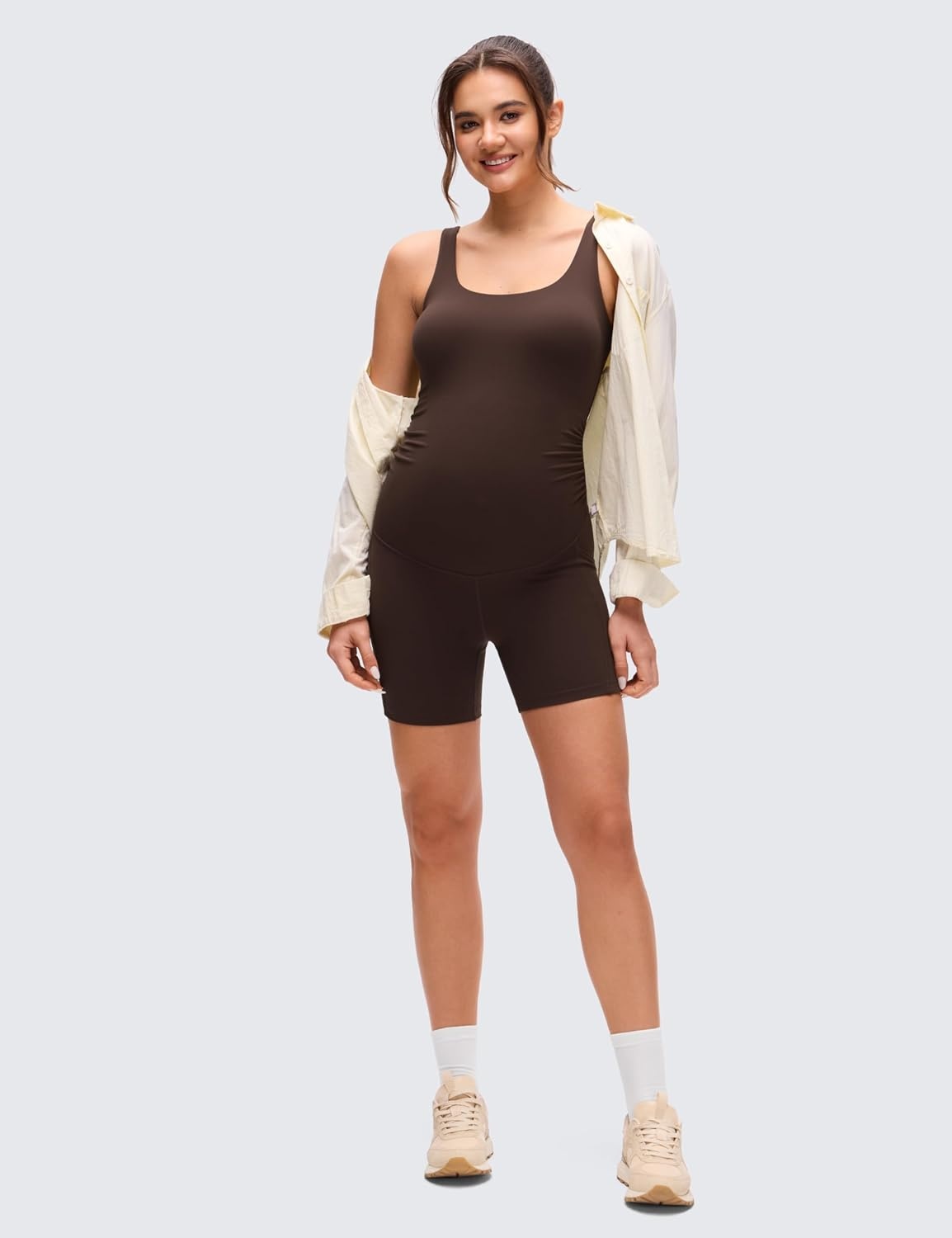 image:imageCRZ YOGA Butterluxe Maternity Workout Romper Pockets U Neck Sleeveless Shorts Jumpsuit Pregnancy Womens Ruched BodysuitHot Fudge Brown