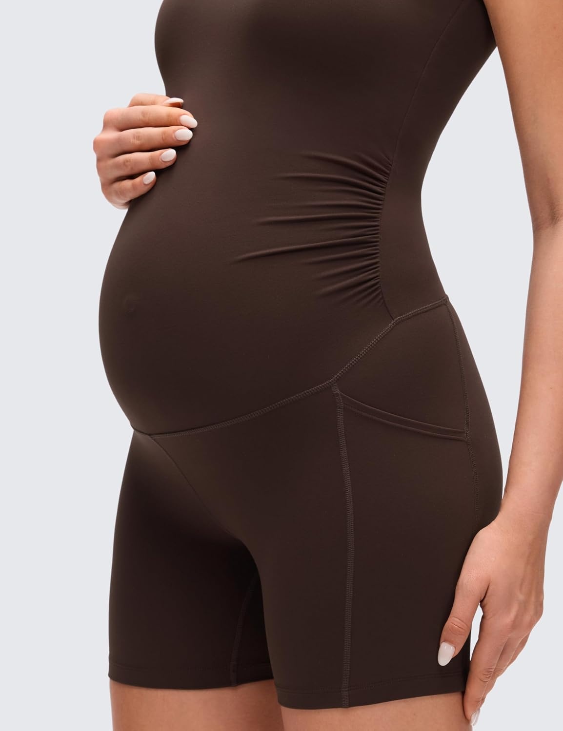 image:imageCRZ YOGA Butterluxe Maternity Workout Romper Pockets U Neck Sleeveless Shorts Jumpsuit Pregnancy Womens Ruched BodysuitHot Fudge Brown